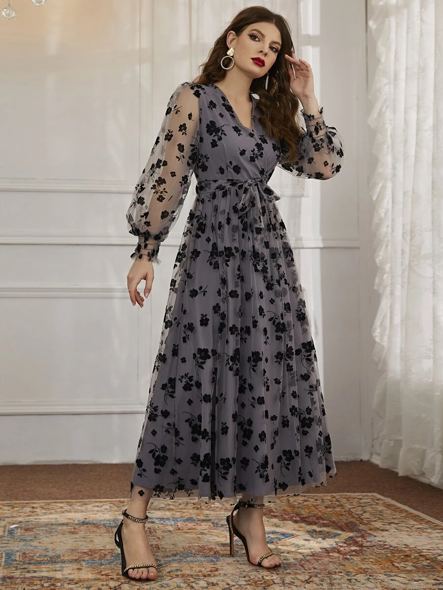 Modelyn Floral Mesh Belted Surplice Front Dress - Dark Grey - View 1
