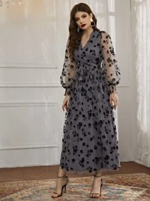 Modelyn Floral Mesh Belted Surplice Front Dress - Dark Grey - View 3