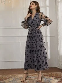 Modelyn Floral Mesh Belted Surplice Front Dress - Dark Grey - View 4