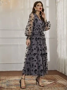 Modelyn Floral Mesh Belted Surplice Front Dress - Dark Grey - View 5