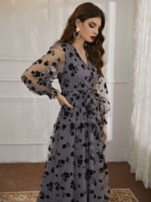 Modelyn Floral Mesh Belted Surplice Front Dress - Dark Grey - View 6