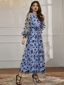 Modelyn Floral Mesh Belted Surplice Front Dress - Blue - View 1