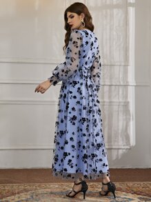 Modelyn Floral Mesh Belted Surplice Front Dress - Blue - View 2