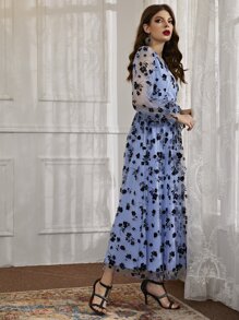 Modelyn Floral Mesh Belted Surplice Front Dress - Blue - View 7