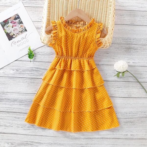 

Toddler Girls Polka Dot Ruffle Neck Layered Dress, Yellow