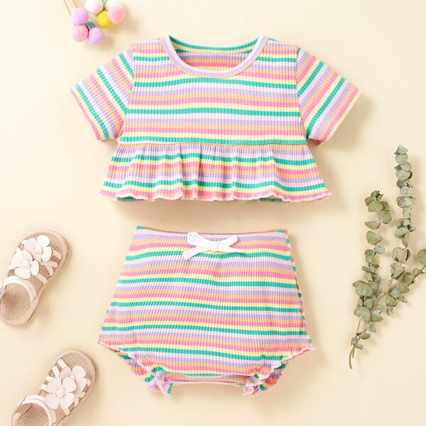 

Baby Girl Striped Print Ruffle Hem Tee & Shorts, Pink
