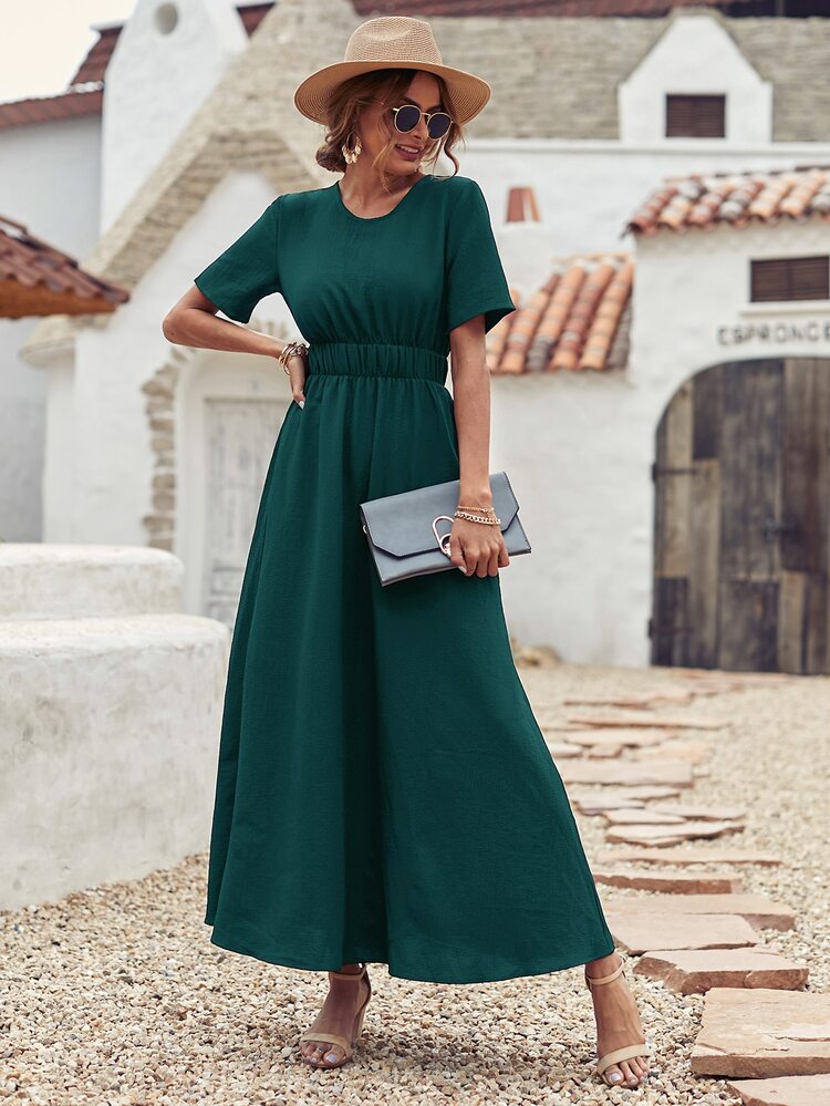 Solid Elastic Waist A-line Dress - Dark Green - View 3