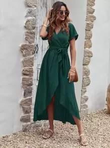 Solid Self Tie Wrap Dress Without Leather Belt - Dark Green - View 7