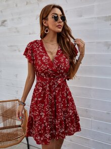 SHEIN LUNE Ditsy Floral Wrap Belted A-line Dress - Burgundy - View 1