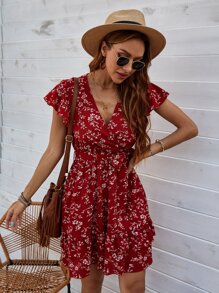 SHEIN LUNE Ditsy Floral Wrap Belted A-line Dress - Burgundy - View 6