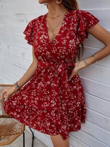 SHEIN LUNE Ditsy Floral Wrap Belted A-line Dress - Burgundy - View 7