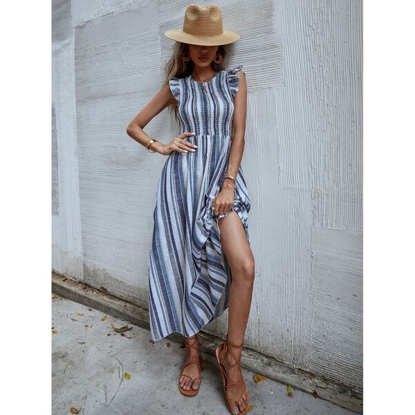 

Striped Shirred Ruffle Cuff A-line Dress, Multicolor