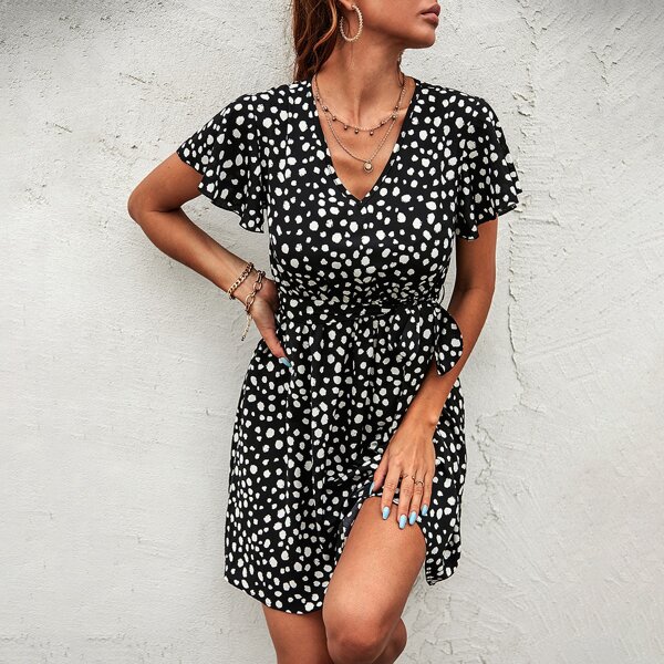 

Allover Print Belted A-line Dress, Black