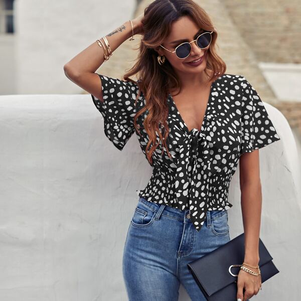 

Dalmatian Tie Front Shirred Top, Black and white