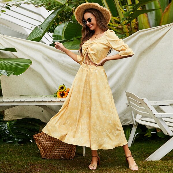 

Plants Print Tropical Print Top & Skirt, Yellow