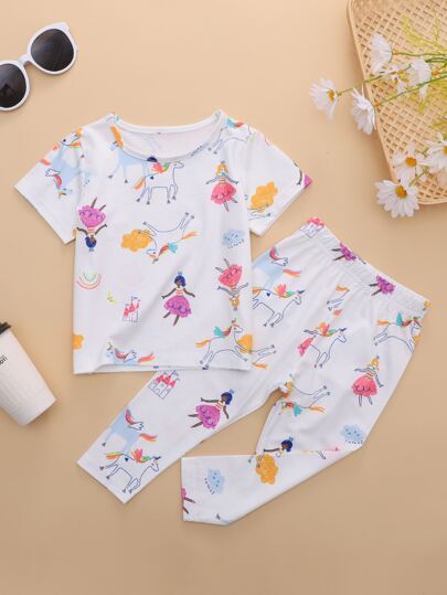 女婴人像和獨角獸圖案T恤帶褲子