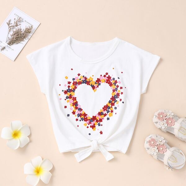 

Girls Floral Heart Print Knot Hem Tee, White
