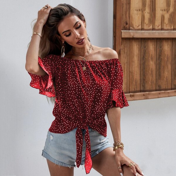 

Polka Dot Knot Hem Bardot Blouse, Burgundy