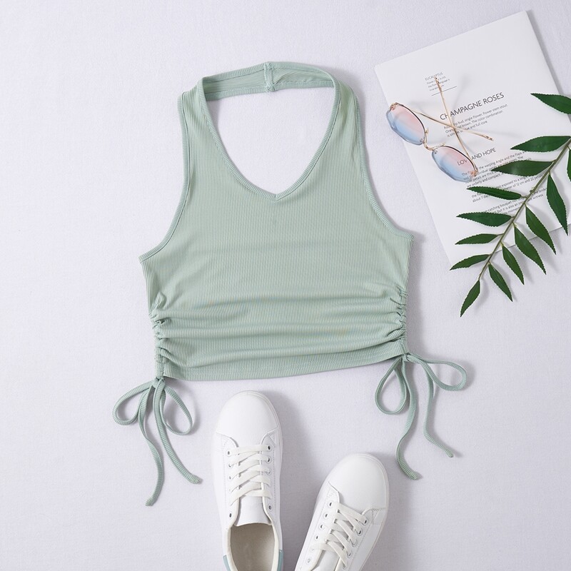 

Solid Drawstring Side Ribbed Halter Crop Top, Mint green