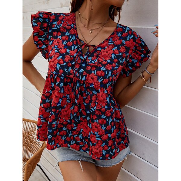 

Allover Floral Tie Neck Babydoll Blouse, Multicolor
