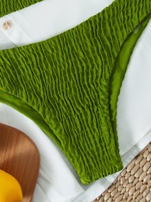 适合夏季海滩度假的纯色褶饰比基尼 - 綠色 - 查看 3