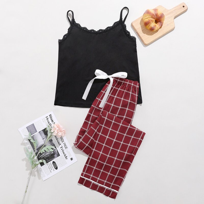

Grid Lace Trimed Bow Pajama Set, Multicolor