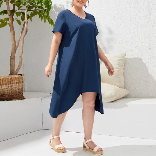 

Plus Asymmetrical Hem Solid Dress, Navy blue