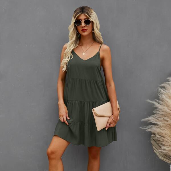 

Solid Flounce Hem Cami Dress, Army green