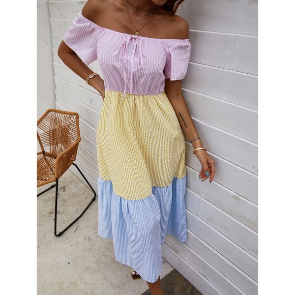 

Off Shoulder Cut And Sew A-line Dress, Multicolor