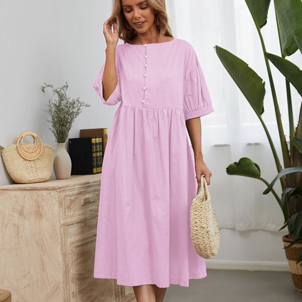 

Half Button Drop Shoulder Smock Dress, Baby pink