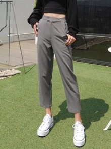 DAZY 斜插口袋纯色修身西裤，女士商务正装裤 - 灰色 - 查看 1