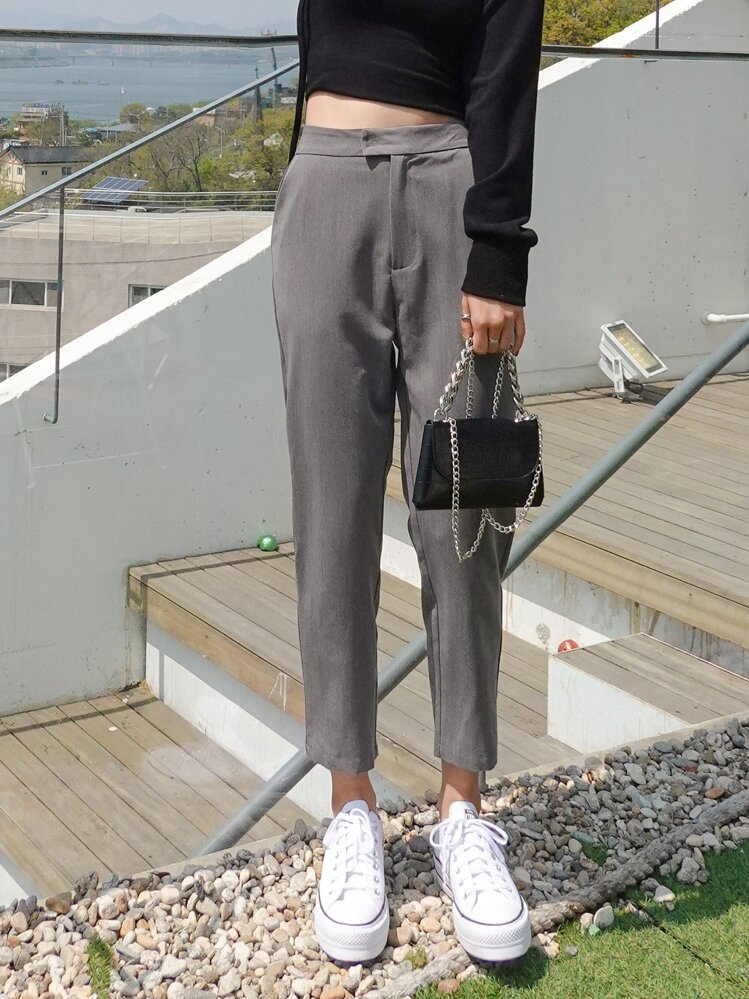 DAZY 斜插口袋纯色修身西裤，女士商务正装裤 - 灰色 - 查看 7