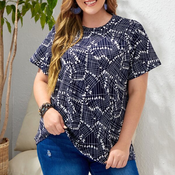 

Plus Allover Print Round Neck Tee, Blue and white