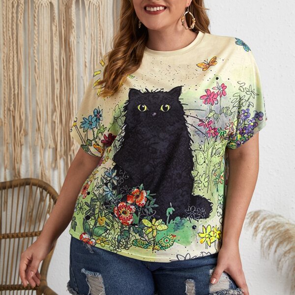 

Plus Floral & Cat Print Tee, Multicolor
