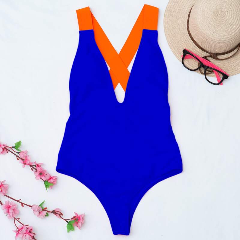 

Cross Back Plunging One Piece Swimsuit, Royal blue