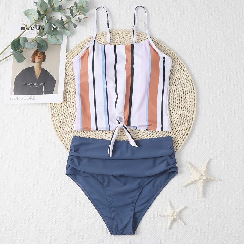 

Striped Knot Hem Bikini Swimsuit, Multicolor