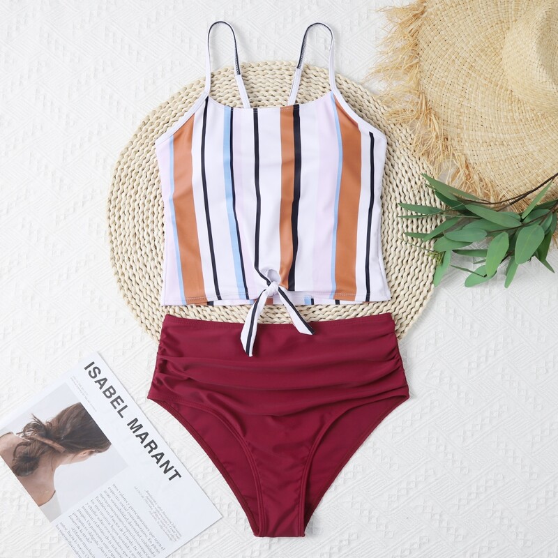 

Striped Knot Hem Bikini Swimsuit, Multicolor