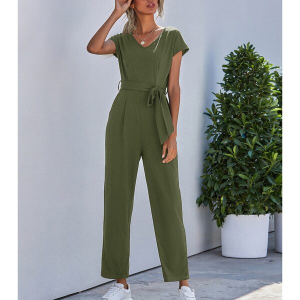 

V Neck Belted Solid Jumpsuit, Army green