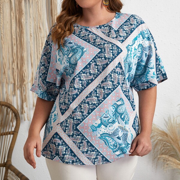 

Plus Paisley Patchwork Print Blouse, Multicolor