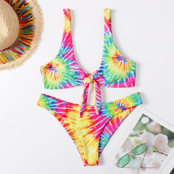 

Tie Dye Knot Front Bikini Swimsuit, Multicolor