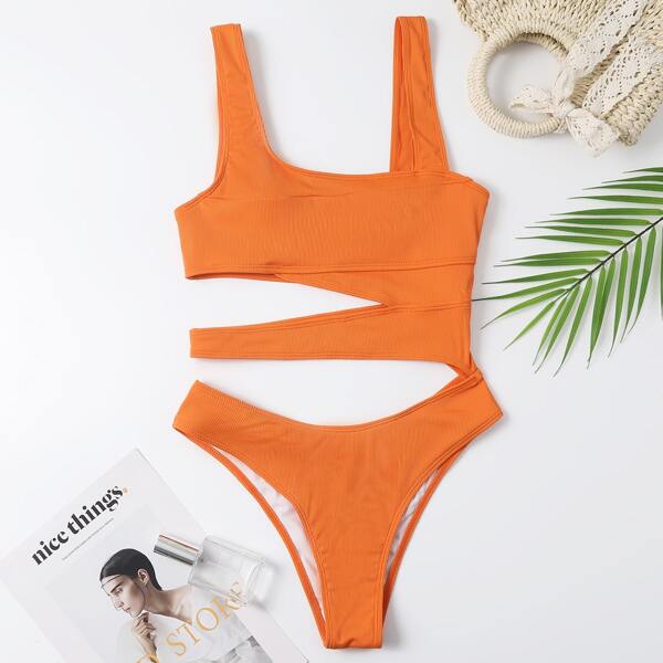 

Ribbed Cut-out One Piece Swimsuit, Orange