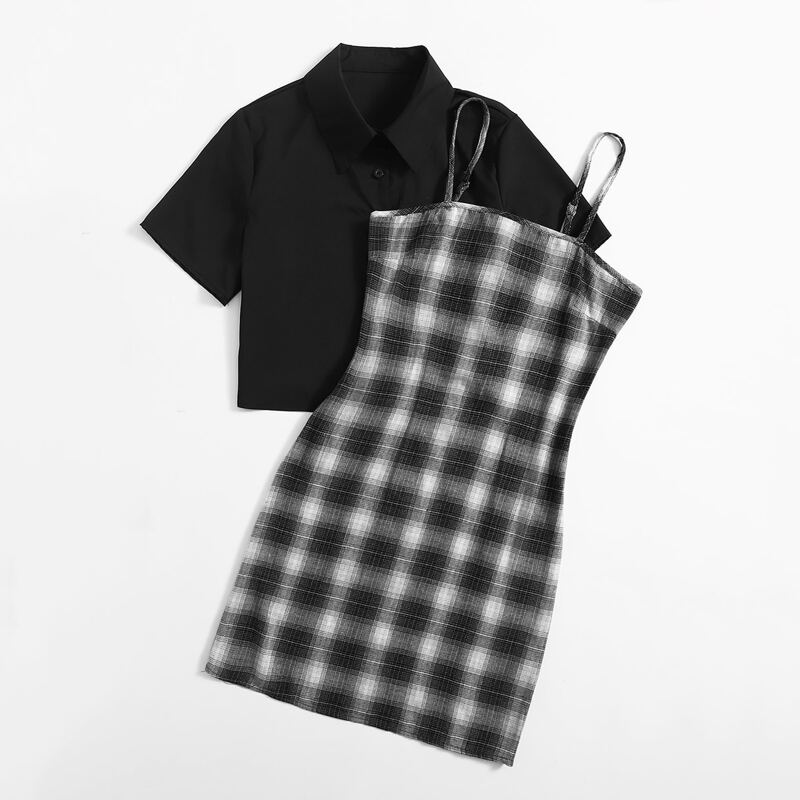 

Solid Button Front Blouse & Plaid Dress, Black and white