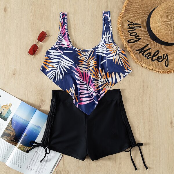 

Random Tropical Print High Waist Bikini Swimsuit, Multicolor