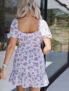 SHEIN Scoop Neck Puff Sleeve Ruffle Hem Floral Dress - Multicolor - View 2