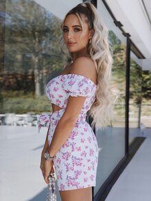 SHEIN Off Shoulder Tie Front Cut-out Shirred Floral Romper - Multicolor - View 3