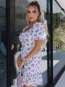 SHEIN Scoop Neck Puff Sleeve Ruffle Hem Floral Dress - Multicolor - View 3