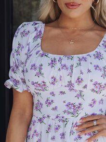 SHEIN Scoop Neck Puff Sleeve Ruffle Hem Floral Dress - Multicolor - View 4