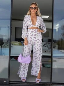 SHEIN Wrap Tie Back Floral Blouse - Multicolor - View 3