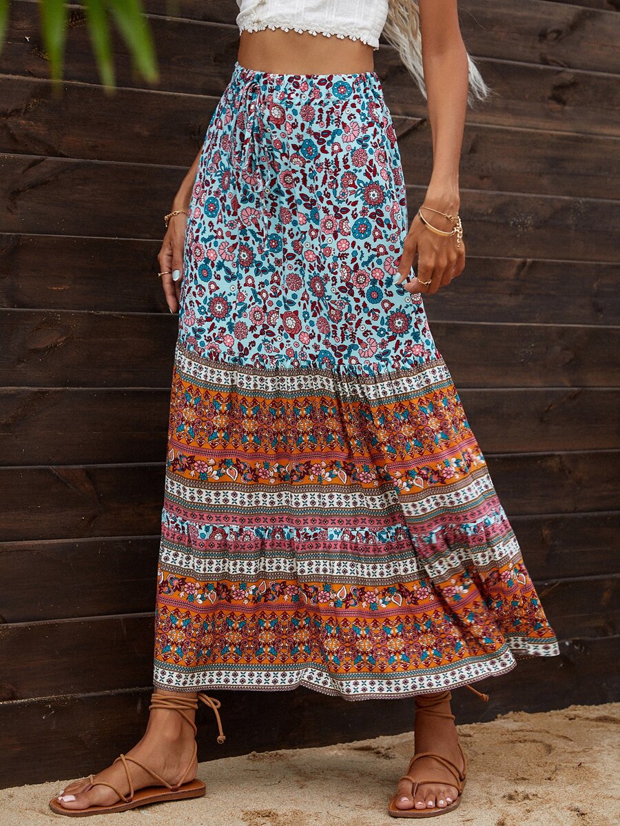 SHEIN Holidaya Colourblock Floral Print Skirt - Multicolor - View 1