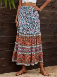 SHEIN Holidaya Colourblock Floral Print Skirt - Multicolor - View 6